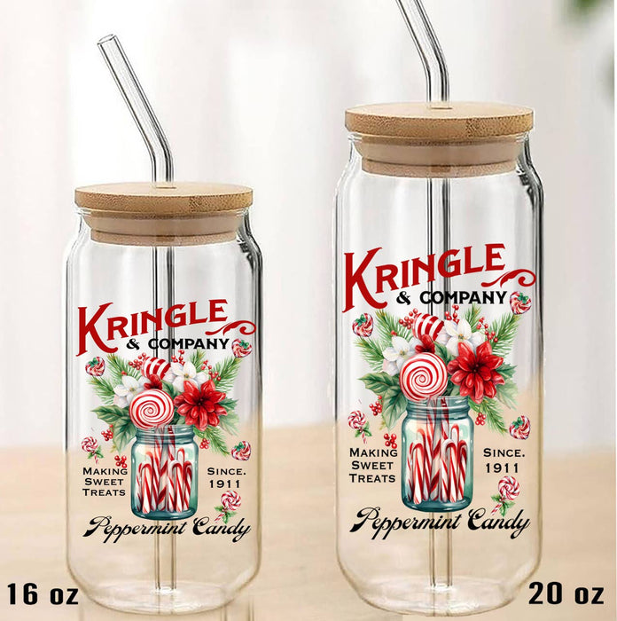 Christmas Kringle Peppermint Candy Can Glass with Lid Straw