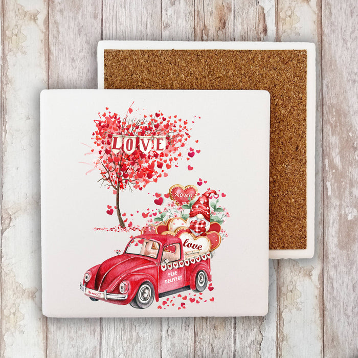 Valentine Gnome Red Truck Hearts Stone Coaster