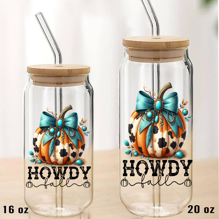 Howdy Fall Turquoise Pumpkin Can Glass with Lid Straw