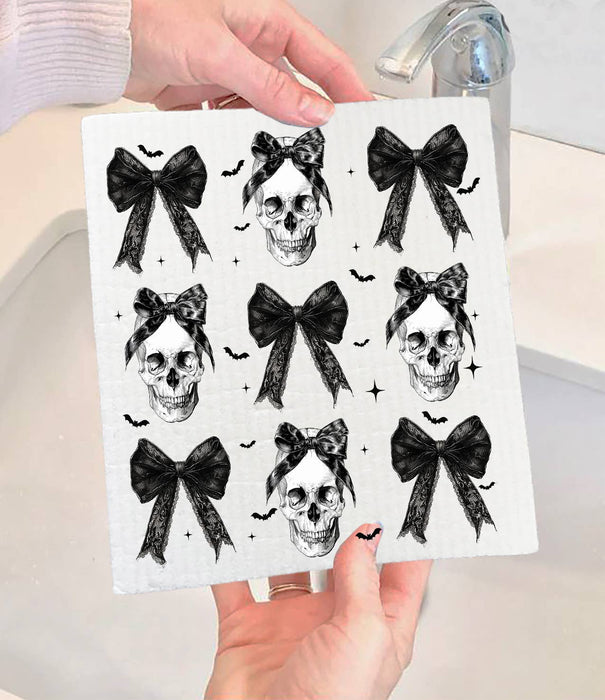 Halloween Skeltons and Bows Swedish Dishcloth