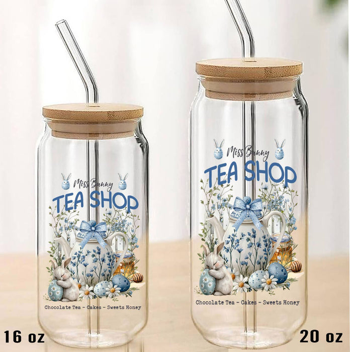 Easter Miss Bunny Tea Shop Can Glass with Lid Straw