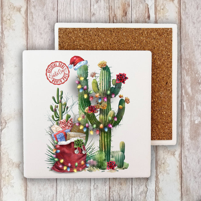 Christmas Santa Saguaro Cactus Western Stone Coaster