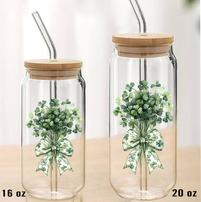 St. Patrick's Day Four Leave Clover Can Glass with Lid Straw