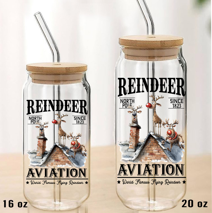 Christmas Reindeer Aviation Flying Can Glass with Lid Straw