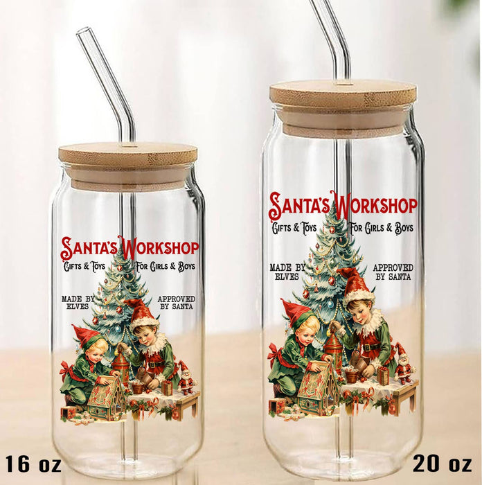 Vintage Christmas Santa's Workshop Can Glass with Lid Straw