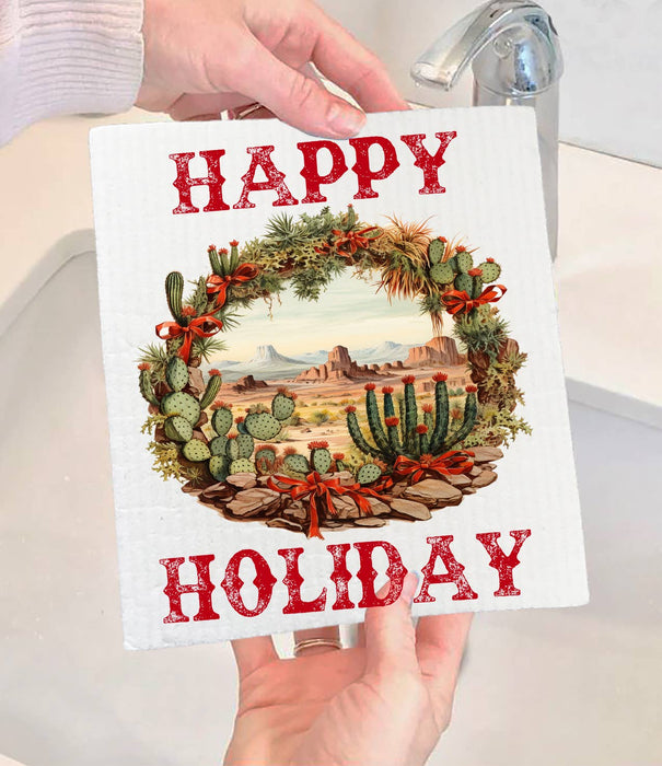 Christmas Cactus Happy Holiday Swedish Dishcloth