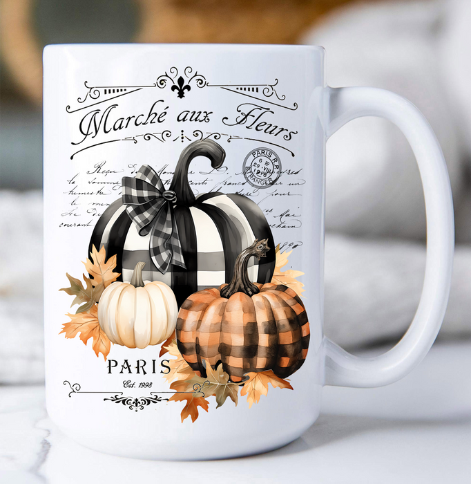 Fall French Black white Checkered Pumpkins Coffee Mug