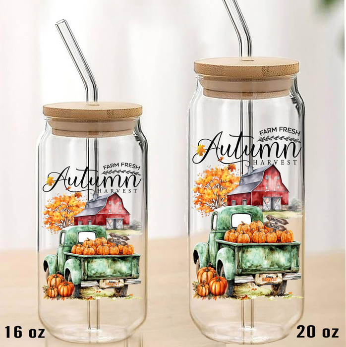 Fall farm Fresh Autumn Can Glass with Lid Straw