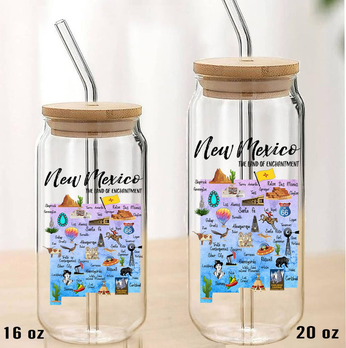 New Mexico State Map Can Glass with Lid and Straw