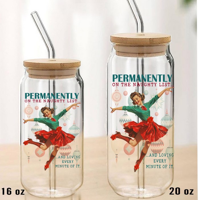 Christmas Funny Naughty List Can Glass with Lid Straw