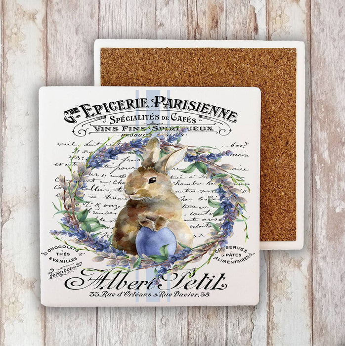 Vintage Easter Bunny Lavender French Stone Coaster