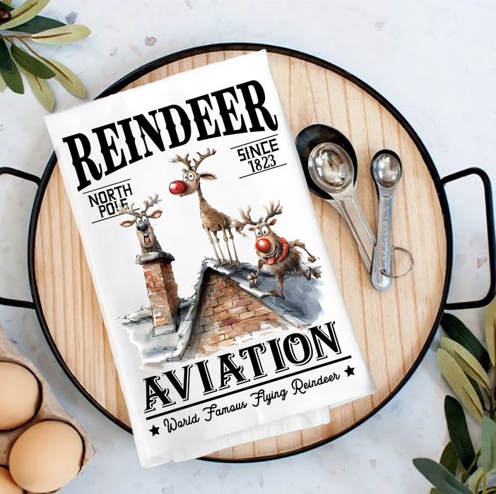 Christmas Reindeer Aviation Flying Tea Towel