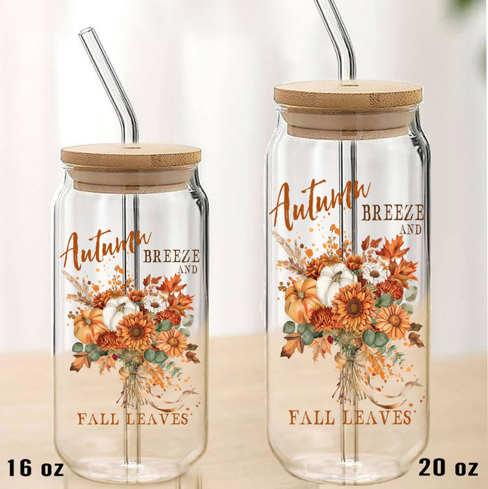 Autumn Breeze Fall Leaves Can Glass with Lid Straw