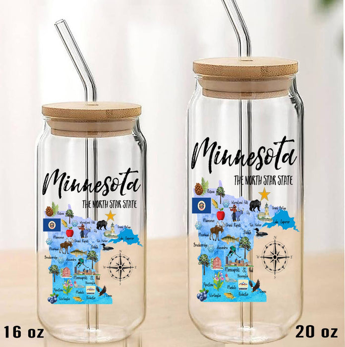 Minnesota State Map Can Glass with Lid and Straw