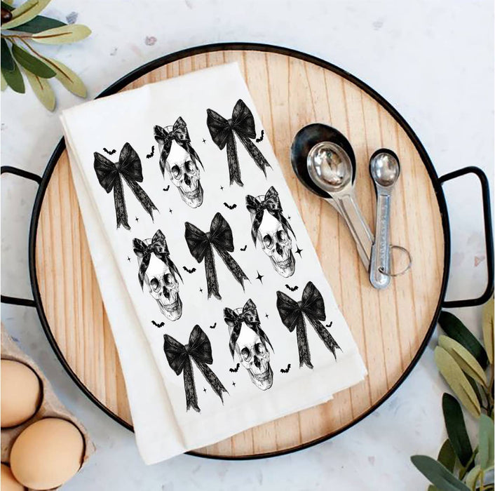 Halloween Skeltons and Bows Tea Towel