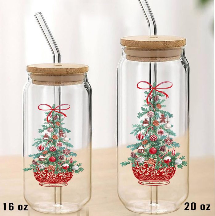 Christmas Chinoiserie Christmas Tree Can Glass Lid Straw