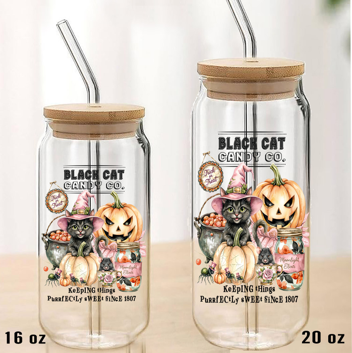 Halloween Black Cat Candy Company Can Glass with Lid Straw