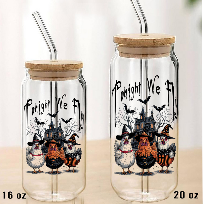 Halloween Chickens Tonight We Fly Can Glass with Lid Straw