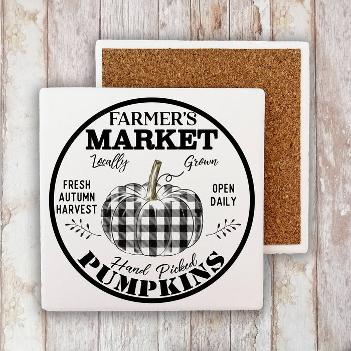 Fall Autumn Farmer Plaid Pumpkin Stone Coaster
