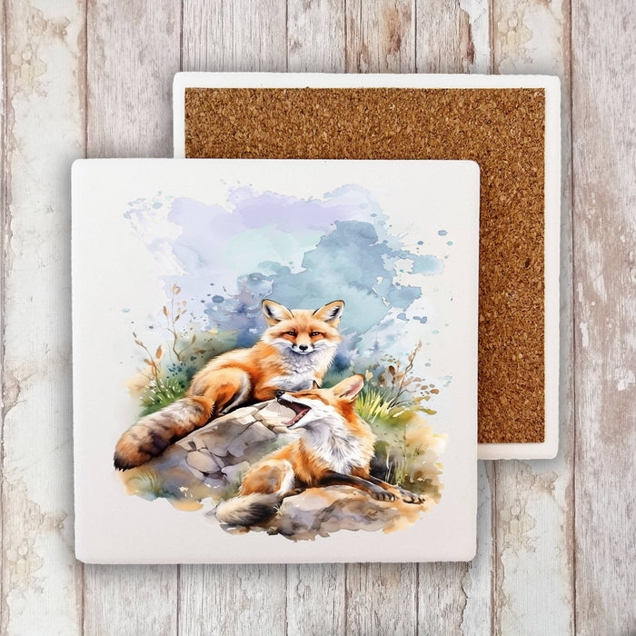 Fox Animal Resting on Rocks Stone Coaster