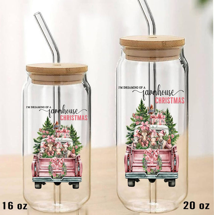 Dreaming of a Farmhouse Christmas Can Glass with Lid Straw