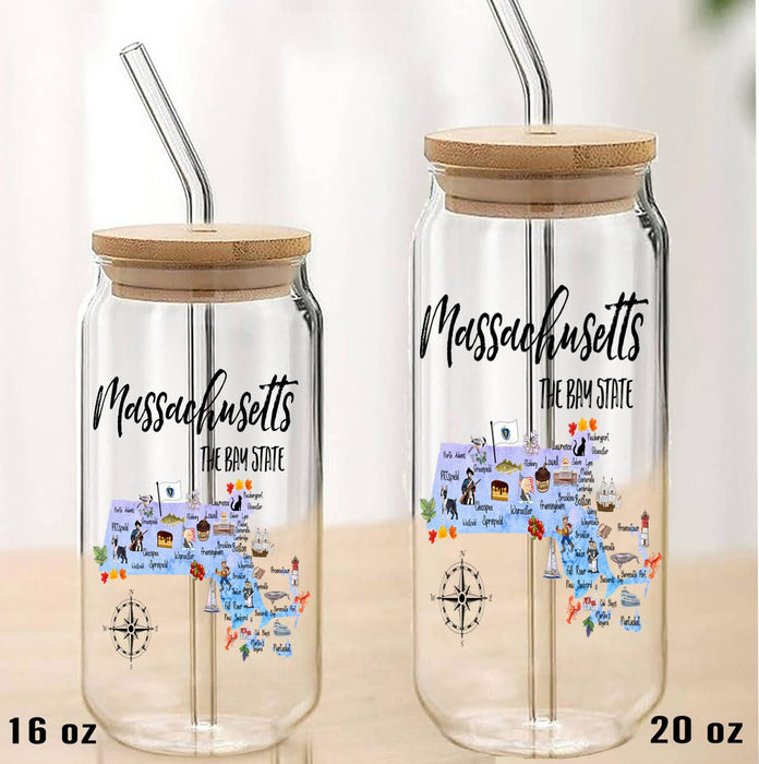 Massachusetts State Map Can Glass with Lid and Straw