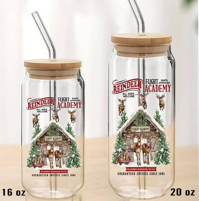 Christmas Reindeer Flight Academy Can Glass with Lid Straw