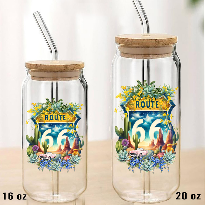 Route 66 Sign Succulents  Can Glass with Lid Straw