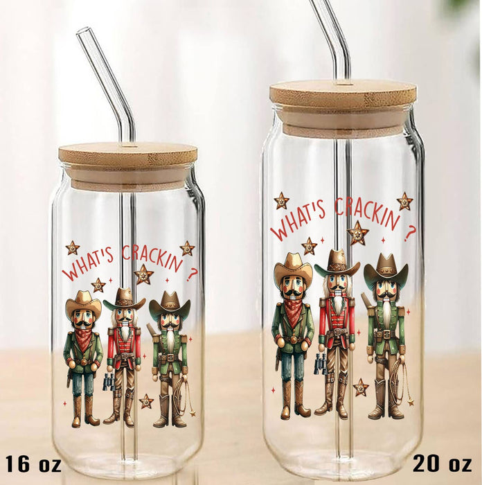 Christmas Western Nutcrackers Can Glass with Lid Straw