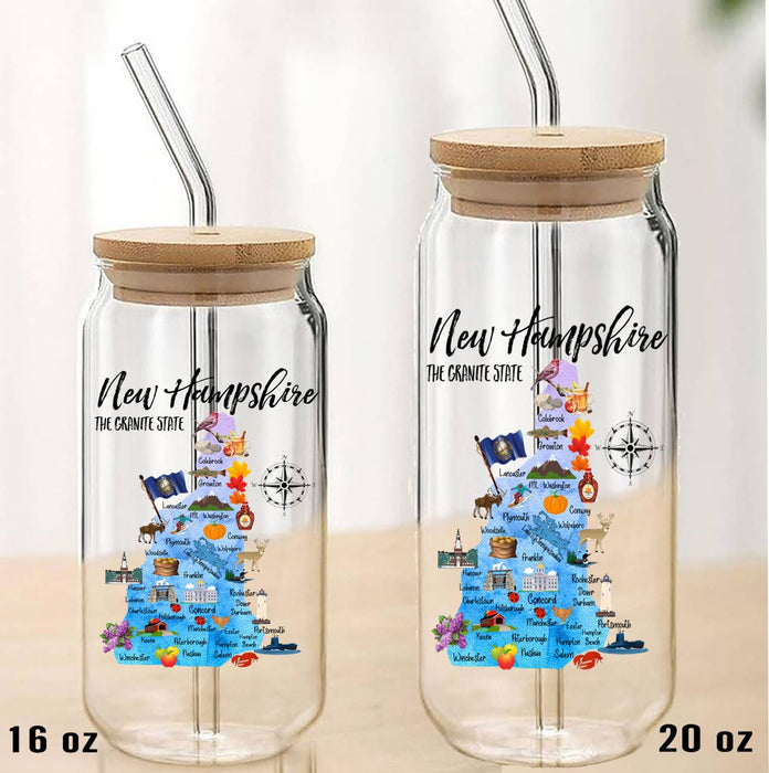 New Hampshire State Map Can Glass with Lid and Straw