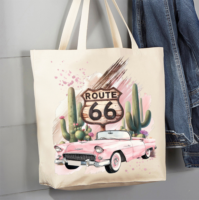 Route 66 Pink Vintage Car Canvas Tote Bag