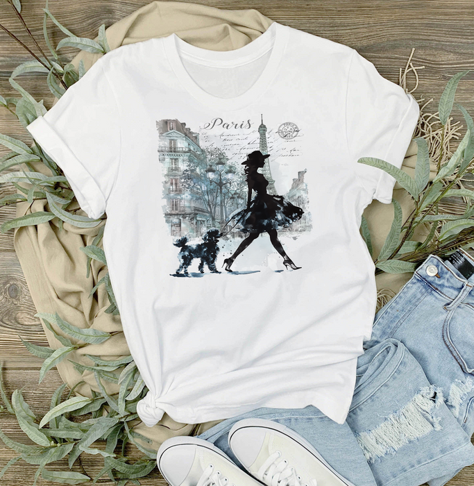 Paris French Girl Walking Dog T-Shirt
