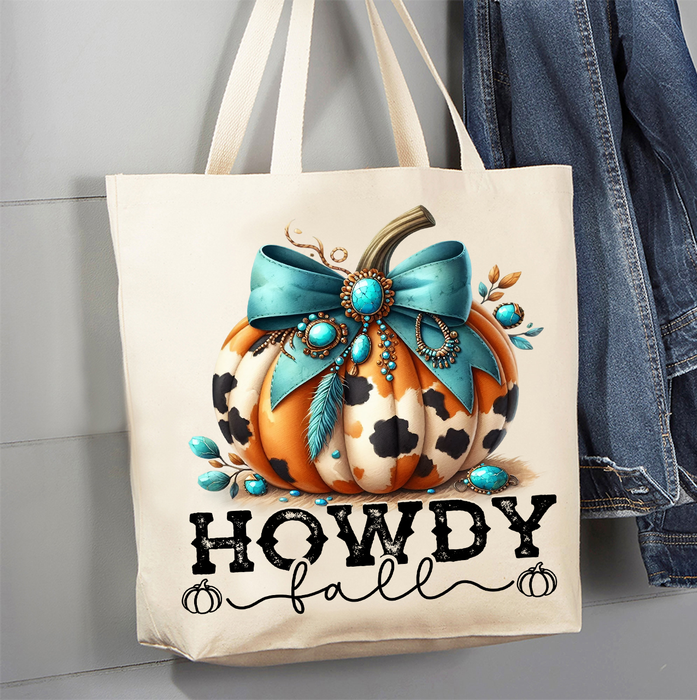 Howdy Fall Turquoise Pumpkin Canvas Tote Bag