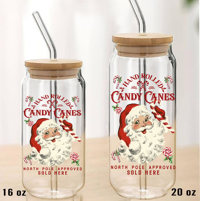 Christmas Candy Cane Vintage SantaCan Glass with Lid Straw