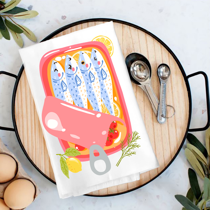 Cute Sardines Tinned Fish Coastal Tea Towel