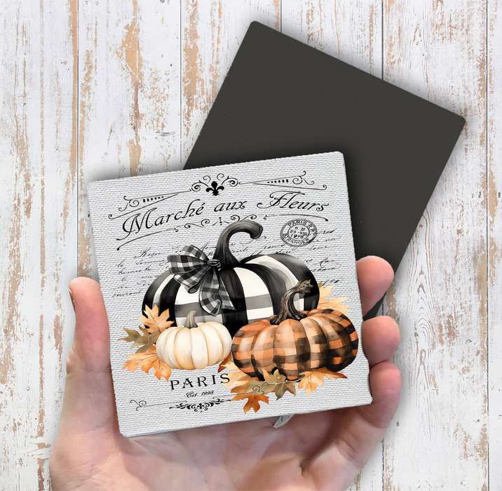 Fall French Black white Checkered Pumpkins Magnet Fridge