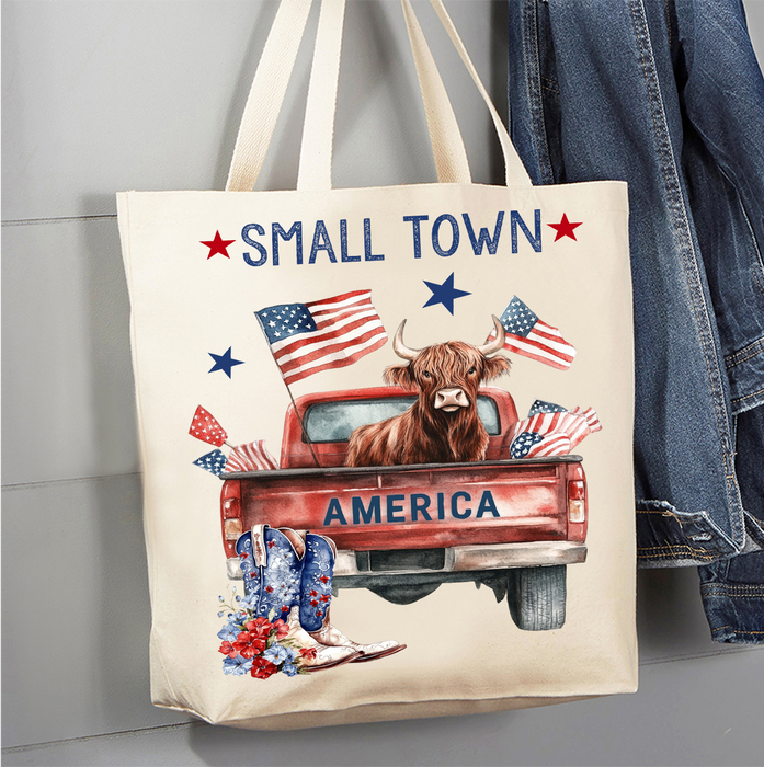 Small Town American Patriotic Cow Canvas Tote Bag
