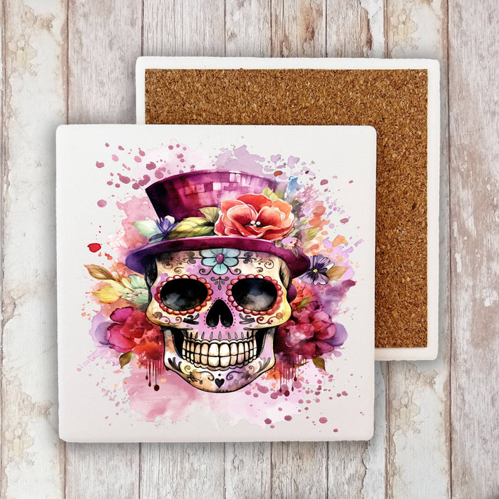 Day of the Dead Sugar Skull Top Hat Stone Coaster