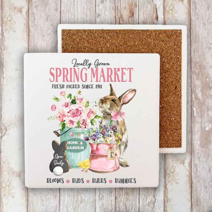 Spring Farmers Market Bunnies Flowers Stone Coaster