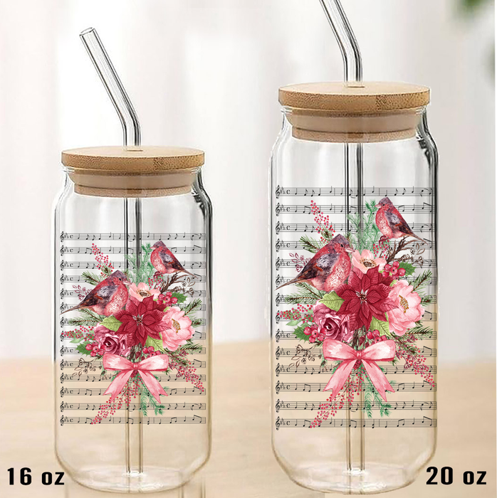 Christmas Red Cardinals Musical Notes Can Glass Lid Straw