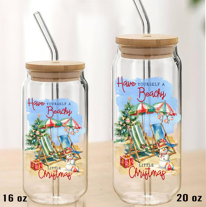 Coastal Have a Beachy Christmas Can Glass with Lid Straw