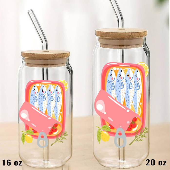 Cute Sardines Tinned Fish Coastal Can Glass with Lid Straw