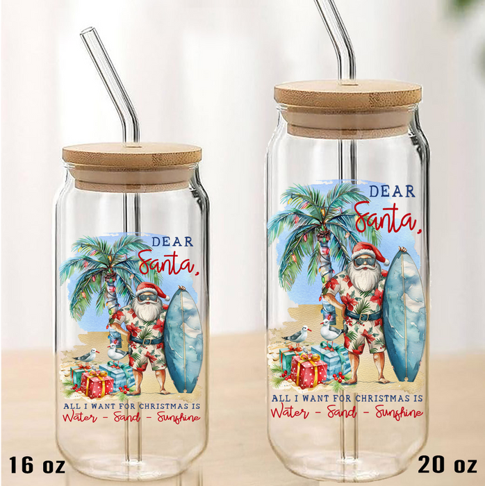 Coastal Dear Santa Christmas Beach Can Glass with Lid Straw