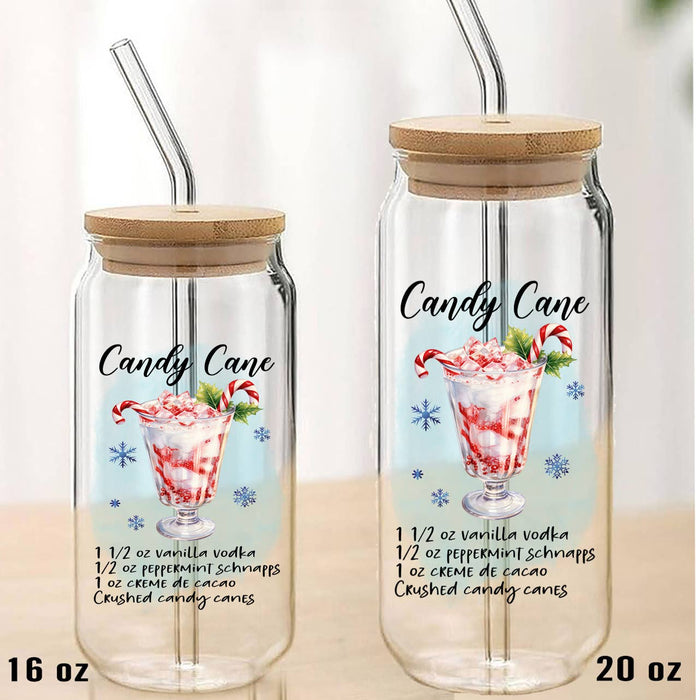 Christmas Cocktail Candy Cane Can Glass with Lid Straw