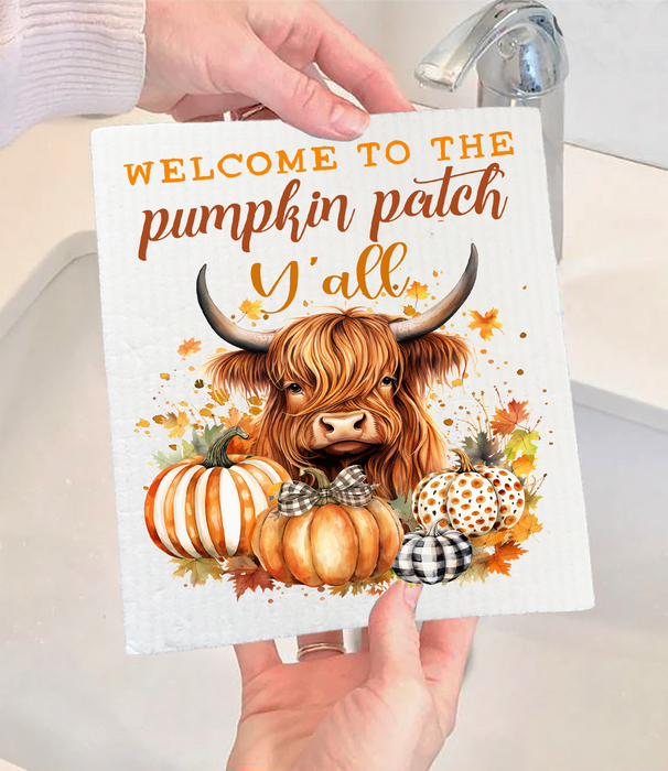 Fall Highland Cow Y'All Pumpkins Swedish Dishcloth