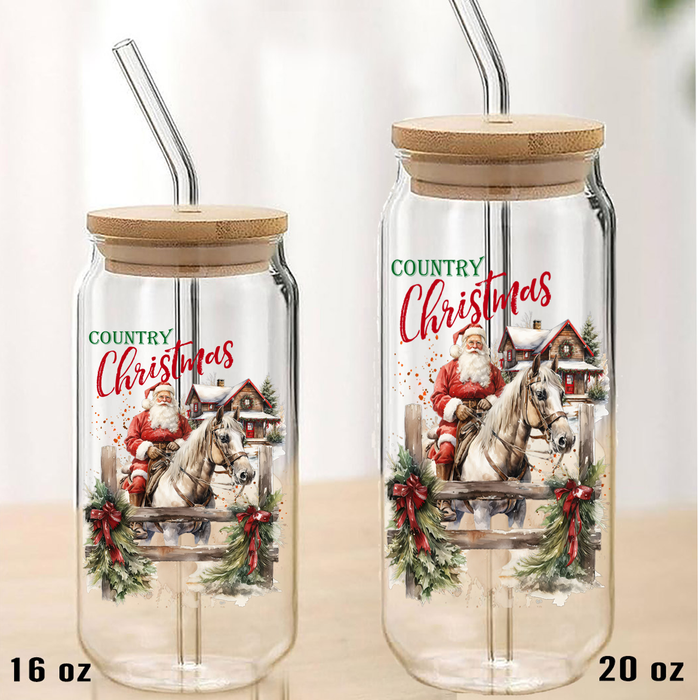 Country Christmas Santa Riding Horse Can Glass Lid Straw