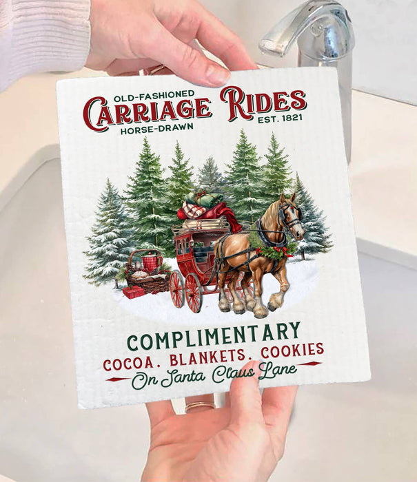 Christmas Carriage Rides Horses Swedish Dishcloth