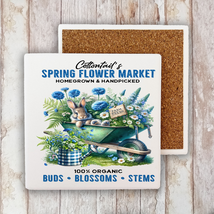 Blue Springs Flowers Bunny Stone Coaster
