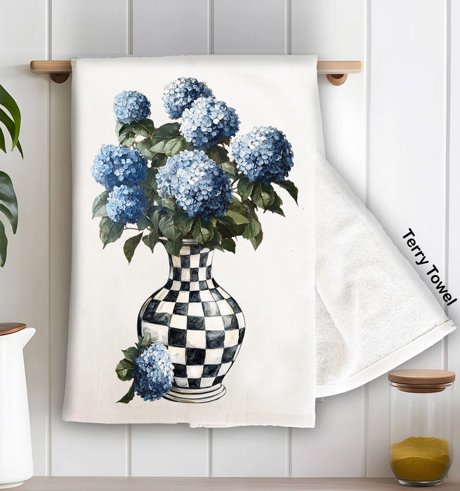 Checkered Vase with Blue Hydrangeas Kitchen Terry Towel