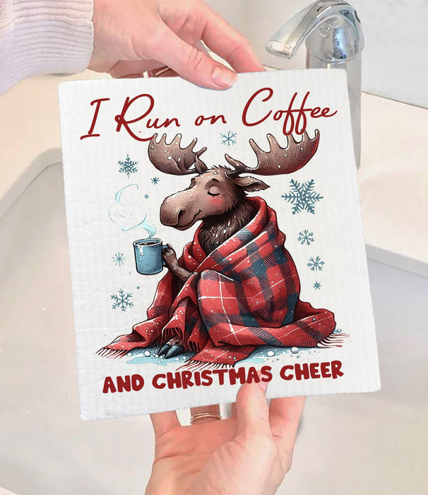 Christmas Moose Run on Coffee Swedish Dishcloth